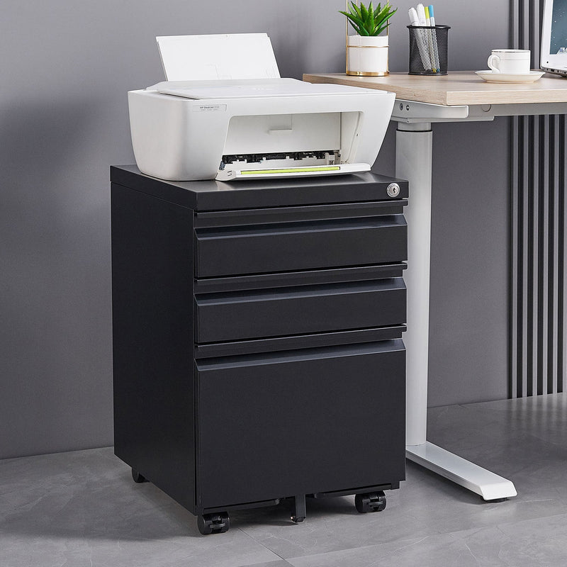 3-Drawer Mobile File Cabinet with Lock, Office Storage Filing Cabinet for Legal/Letter Size, Pre-Assembled Metal File Cabinet Except Wheels Under Desk (Black)