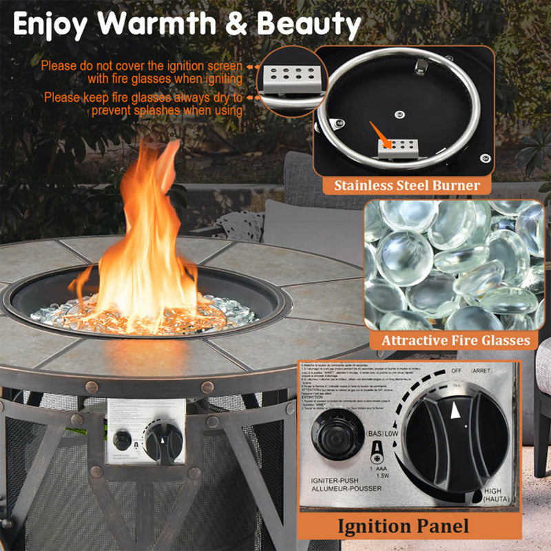 30K BTU Premium Outdoor Patio Gas Fire Pit Table With Fire Glass And Cover, 32" (SAK17432)