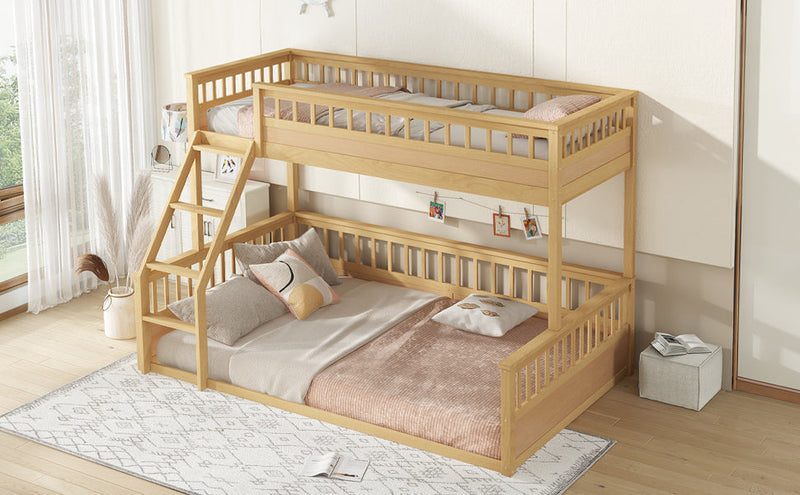 Twin XL over Queen Bunk Bed with Ladder and Guardrails, Natural