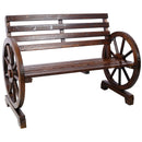 Rustic Country 2 Person Wooden Wagon Wheel Bench With Slatted Seat And Backrest - Brown by HouseOfZazla