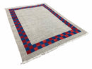 5' 7" x 7' 9" Geometric Kilim Carpet, Gray, Handmade, Hand-Knotted Area Rug, Blue & Red, Flatweave, Wool, New, Checkerboard Pattern