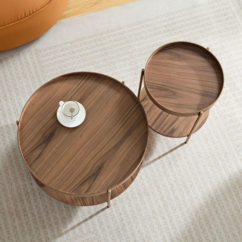 2-Piece Modern 2 tier Round Coffee Table Set for Living Room,Easy Assembly Nesting Coffee Tables, End Side Tables for Bedroom Office Balcony Yard,Walnut MDF