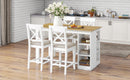 60"Lx30"W Solid Wood Farmhouse Counter Height Dining Table Set with 3-Tier Storage Shelves, Upholstered Dining Chairs for 4, 5-Piece, White