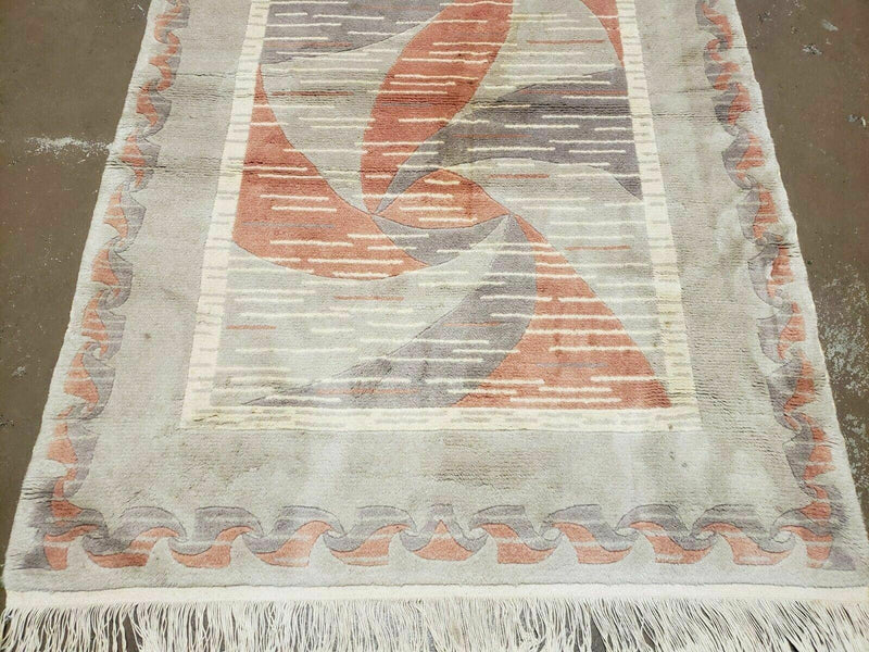 3' X 5' Handmade Modern Chinese Accent Rug - Silk on Cotton Carpet - Abstract Contemporary Design - Beige and Orange
