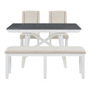 6-Piece Classic Dining Table Set, Rectangular Extendable Dining Table with two 12"W Removable Leaves and 4 Upholstered Chairs & 1 Bench for Dining Room (Gray+White)