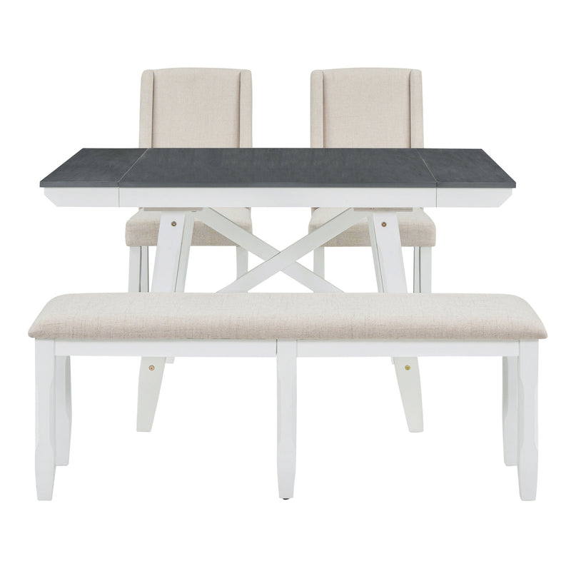 6-Piece Classic Dining Table Set, Rectangular Extendable Dining Table with two 12"W Removable Leaves and 4 Upholstered Chairs & 1 Bench for Dining Room (Gray+White)