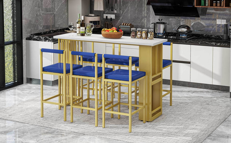 7-Piece Multi-Functional Modern Counter Height Dining Bar Table Set with Open Shelves and 6 Upholstered Stools for Dining Room, Bar and Cafe (White and Blue)