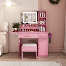 Vanity Desk With LED Mirror Lights And Power Outlet Charging Station, 3 Drawers, 7 Shelves, Storage Stool - Pink by HouseOfZazla