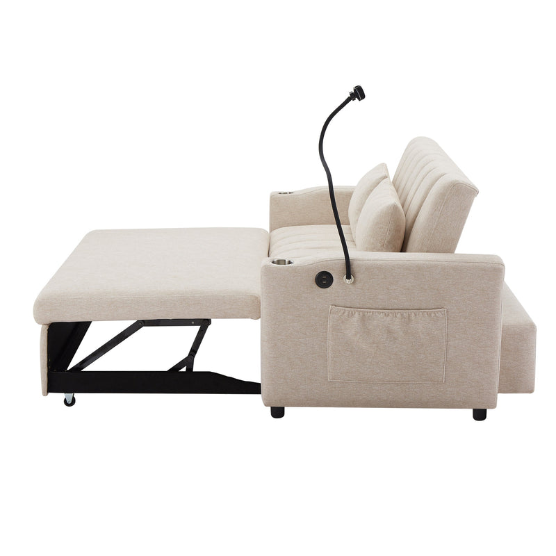 55.9" Convertible Sofa Bed Loveseat Sofa with Three USB Ports, Two Side Pockets, Two Cup Holders and 360Swivel Phone Holder for Living Room, Beige
