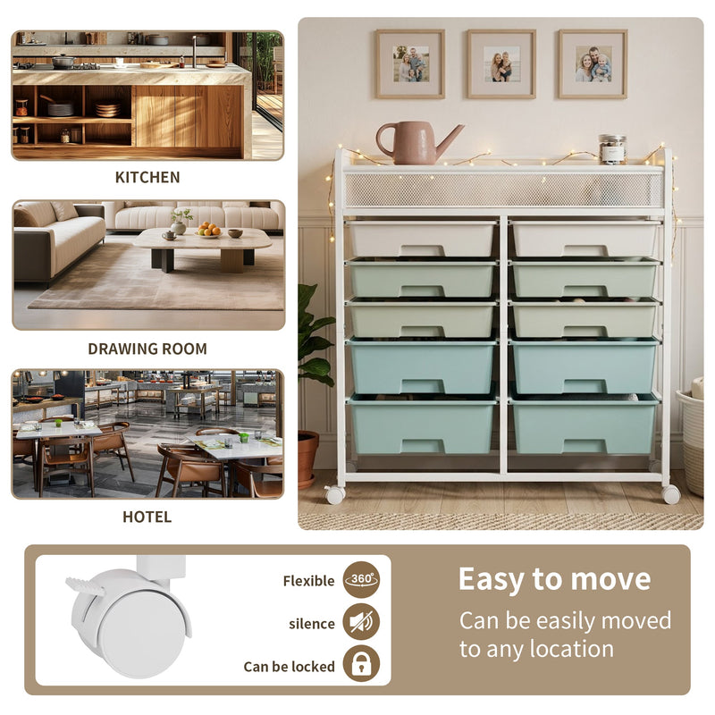 White Large Capacity 2-Row 10-Drawer Rolling Storage Cart, photo 7 of 10