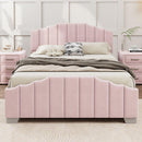 3 Pieces Bedroom Sets Full Size Velvet Upholstered Platform Bed Vertical Channel Tufted Headboard and Two Three-drawer Nightstands,Pink