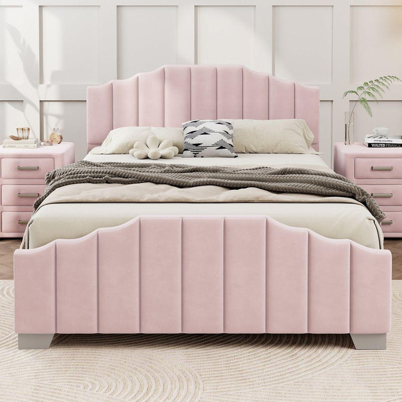 3 Pieces Bedroom Sets Full Size Velvet Upholstered Platform Bed Vertical Channel Tufted Headboard and Two Three-drawer Nightstands,Pink