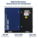 123CFM Rotary Screw Air Compressor, 30HP, 125PSI, 460V 3PHASE 60HZ