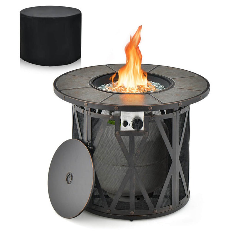 30K BTU Premium Outdoor Patio Gas Fire Pit Table With Fire Glass And Cover, 32" (SAK17432)
