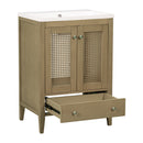 24" Bathroom Vanity with Ceramic Basin, Rattan Bathroom Storage Cabinet with Two Doors and Drawer, Solid Frame, Natural