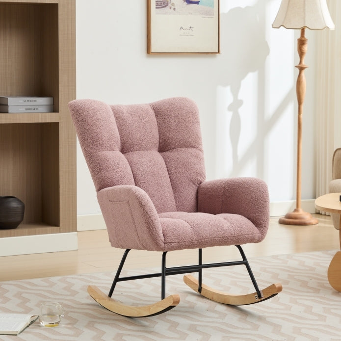 Modern Nursery Rocking Chair Upholstered Glider Chair with High Backrest Rocker Accent Armchair with Solid Wood Legs for Nursery Bedroom Living Room Teddy(Pink)