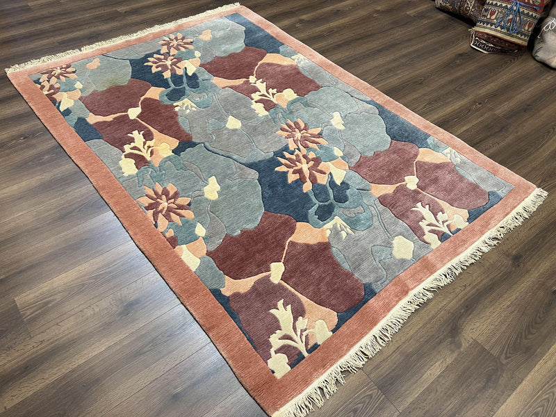 Modern Tibetan Rug 5.7 x 7.9, Abstract Multicolor Flower Pattern, Navy Blue Maroon Salmon, Soft Wool, Hand Knotted Contemporary Carpet 6x8