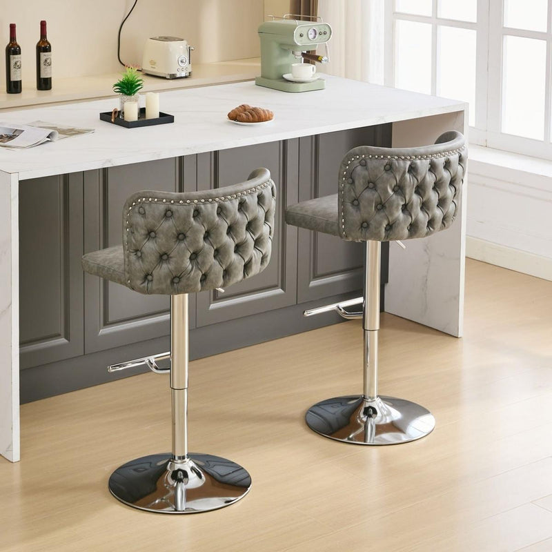 Swivel Barstools Adjusatble Seat Height With Chrome Base, Modern PU Upholstered Bar Stools with the whole Back Tufted, for Home Pub and Kitchen Island,Gray, Set of 2