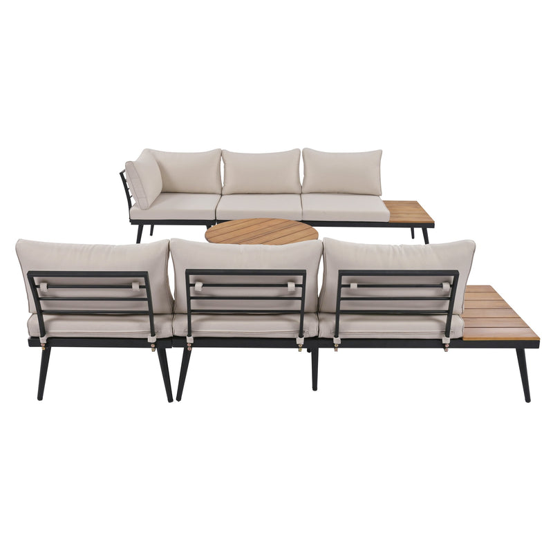 6-Piece Outdoor Sectional Sofa Set with Round Nesting Coffee Tables and Seating Sofa with Cushions for Patio, Porch and Garden (Beige)