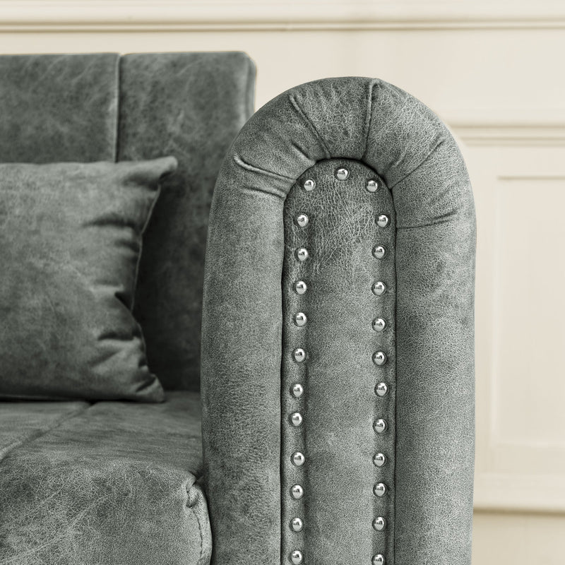 3 in 1 Pull-Out Bed Sleeper, Modern Upholstered 3 Seats Lounge Sofa & Couches with Rolled Arms Decorated with Copper Nails, Convertible Futon 3 Seats Sofabed with Two Drawers and Two Pillows