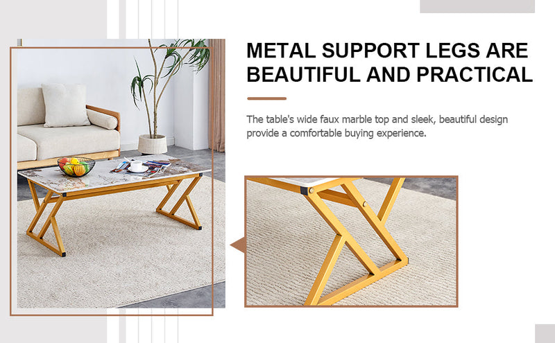 A modern minimalist style marble patterned coffee table with golden metal legs. Computer desk. Game table. Tea table. CT-XX