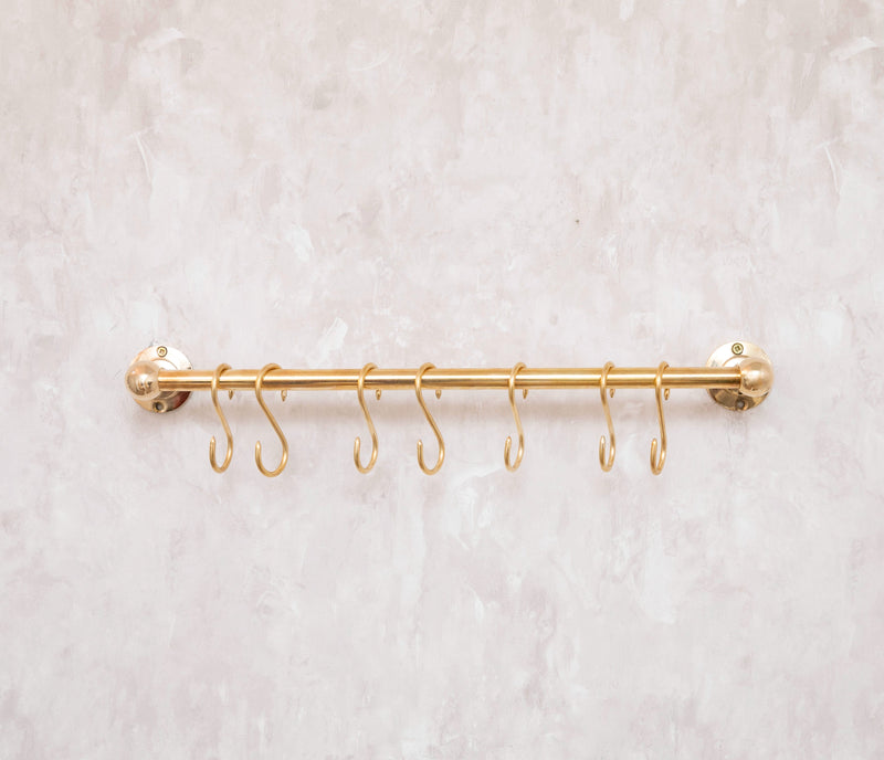 Unlacquered Brass Wall Mount Pot Rail Bar With Hooks - BRASSMA