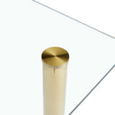 A modern minimalist style glass dining table. Transparent tempered glass tabletop with a thickness of 0.3 feet and golden metal legs. Suitable for restaurants and living rooms. 51"x31.4"x29.5"