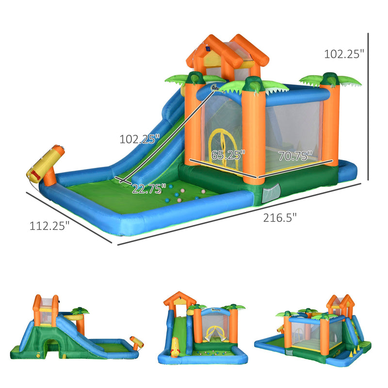 6-in-1 Tropical Inflatable Water Slide Summer Theme Jumping Castle Includes Floating Ball Slide Trampoline Pool Cannon Climbing Wall with Carry Bag, Repair Patches and 450W Air Blower