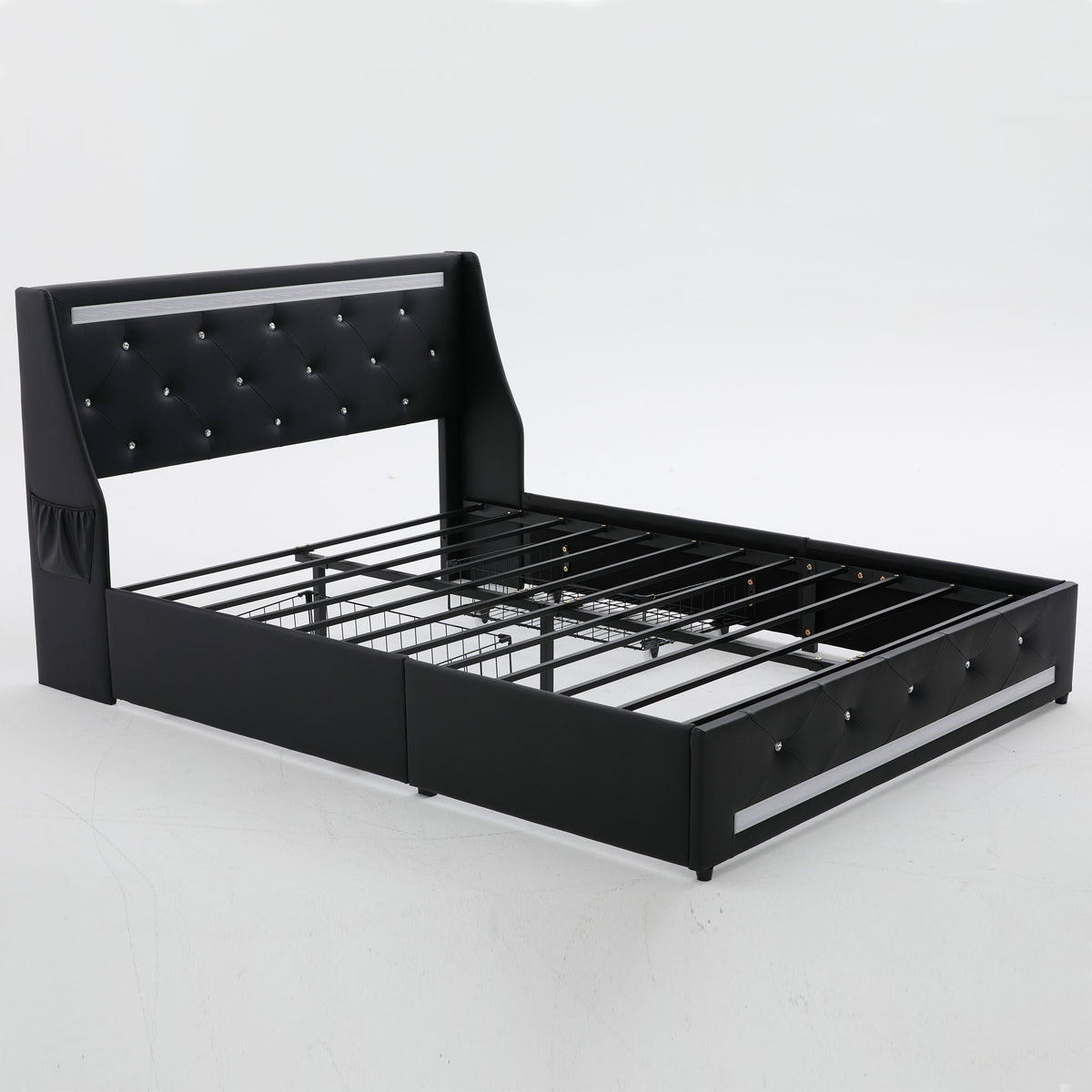 Wingback Upholstered Bed Frame With LED Lights, Charging Station, photo 13 of 40