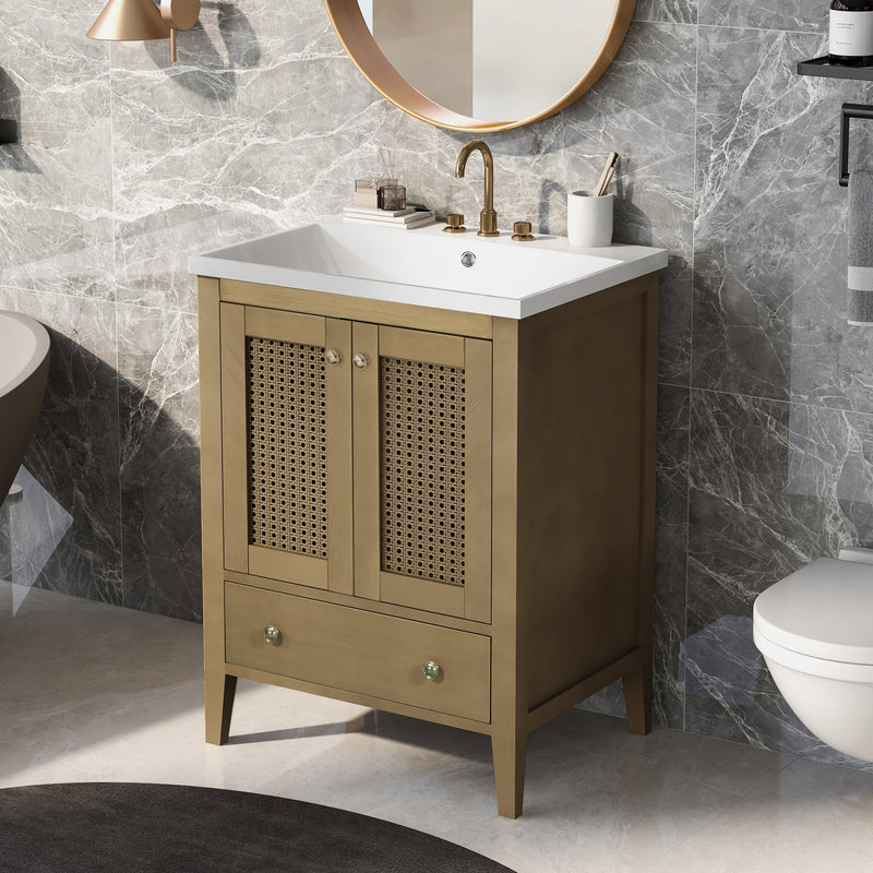 24" Bathroom Vanity with Ceramic Basin, Rattan Bathroom Storage Cabinet with Two Doors and Drawer, Solid Frame, Natural