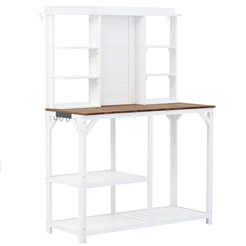 64.6" Large Outdoor Potting Bench, Garden Potting Table, Wood Workstation with 6-Tier Shelves, Large Tabletop and Side Hook for Mudroom, Backyard,White