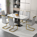 A modern, minimalist, and luxurious dining table with a white imitation marble tabletop and MDF legs with U-shaped brackets. Tables in restaurants and living rooms 63"x35.4"x30 F-U