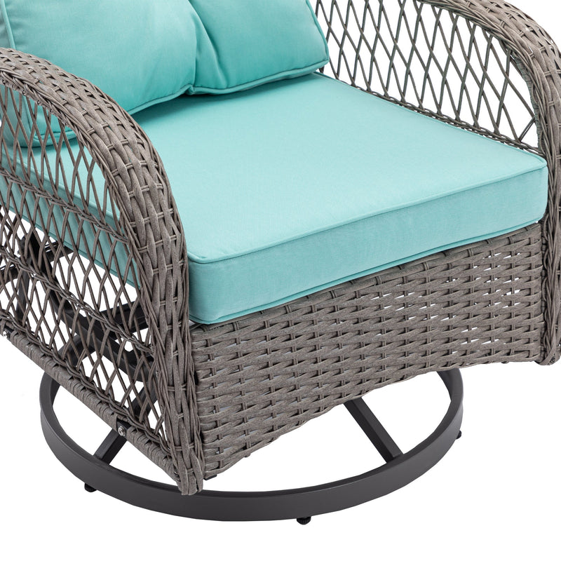 3 Pieces Outdoor Swivel Rocker Patio Chairs, 360 Degree Rocking Patio Conversation Set with Thickened Cushions and Glass Coffee Table for Backyard, Blue
