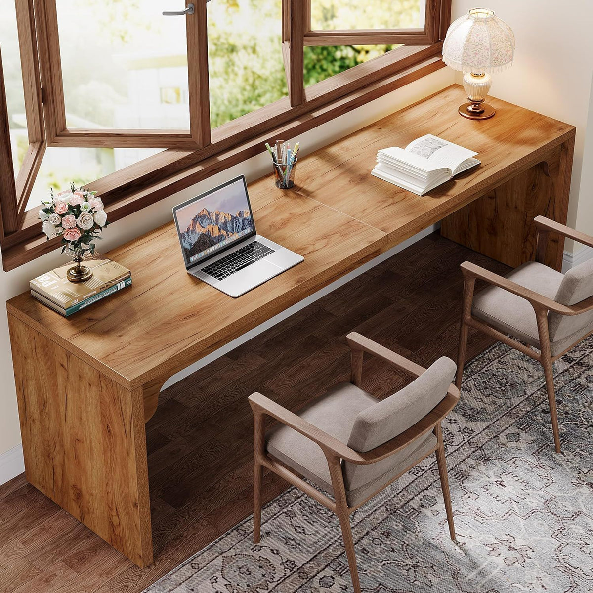 Extra Long 2 Person Computer Desk, Large Workstation - Brown, photo 2 of 4