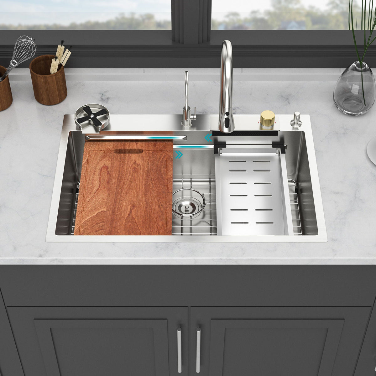 Waterfall Kitchen Sink With Pull Out Faucet & Cup Washer, photo 10 of 40