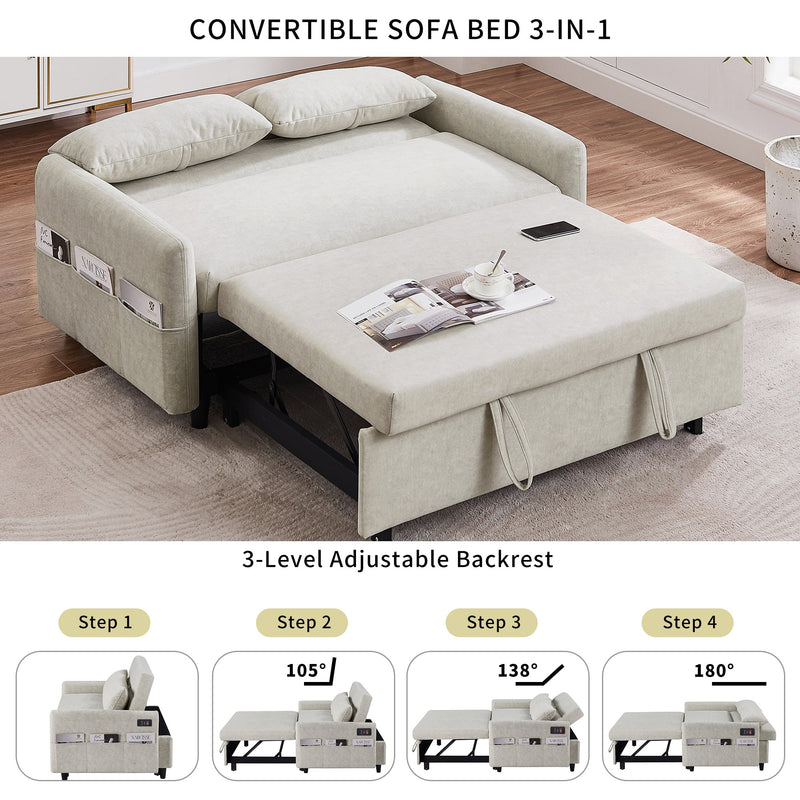 55.1" Pull Out Sleep Sofa Bed Loveseats Sofa Couch with Adjustable Backrest, Storage Pockets, 2 Soft Pillows, USB Ports for Living Room, Bedroom, Apartment, Office, Beige