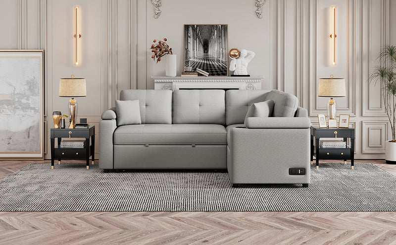 87.4" L-shape Sofa Bed Pull-out Sleeper Sofa with Wheels, USB Ports, Power Sockets for Living Room, Grey