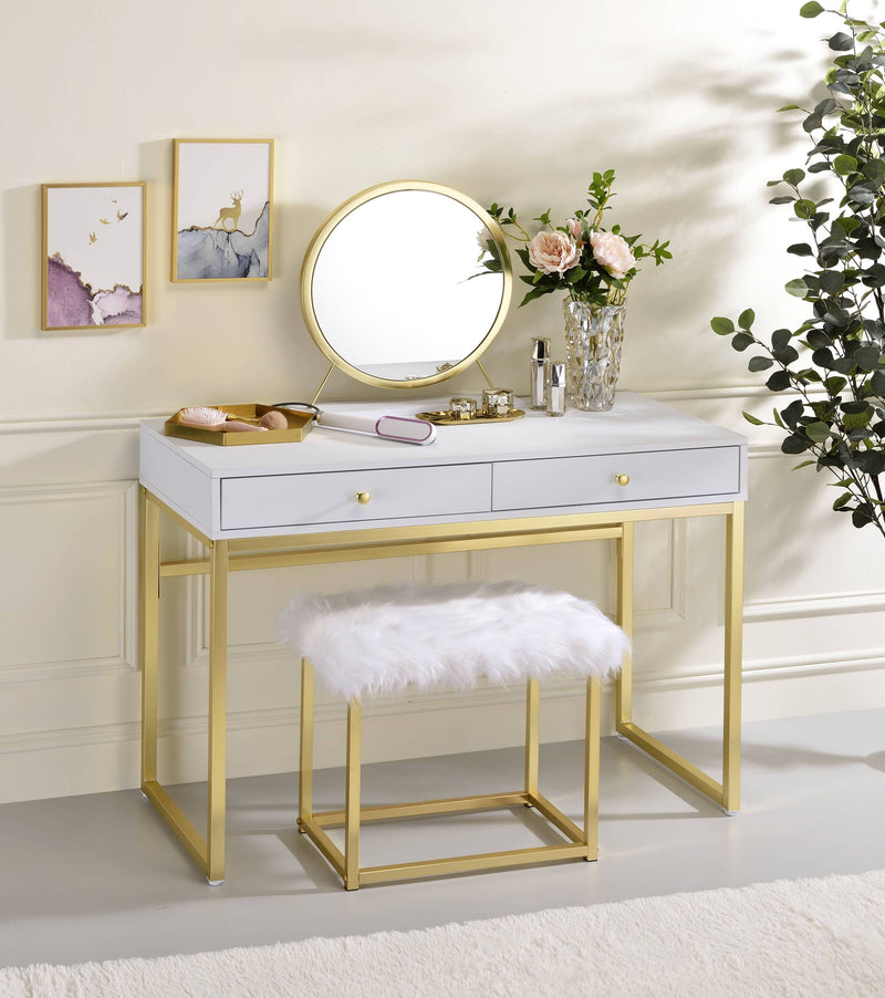 Adao Vanity Mirror & Stool in Faux Fur, Mirror, White & Brass Finish