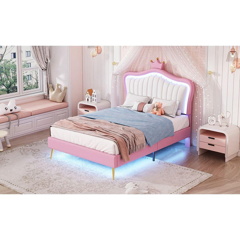 Twin Size Upholstered Bed Frame with LED Lights, Modern Upholstered Princess Bed With Crown Headboard,White+Pink