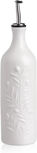 Sweejar Large Olive Oil Dispenser Bottle with Spout, 24 Oz Ceramic Oil Dispenser for Kitchen, Relief Opaque Oil Cruet, Oil Container for Cooking, EVOO, Avocado Oil, Vinegar, Pack of 1 (White) by CozyNest Decor