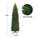 7.5 Feet Pre-lit Hinged Pencil Christmas Tree with Pine Cones Red Berries by LJGDeals