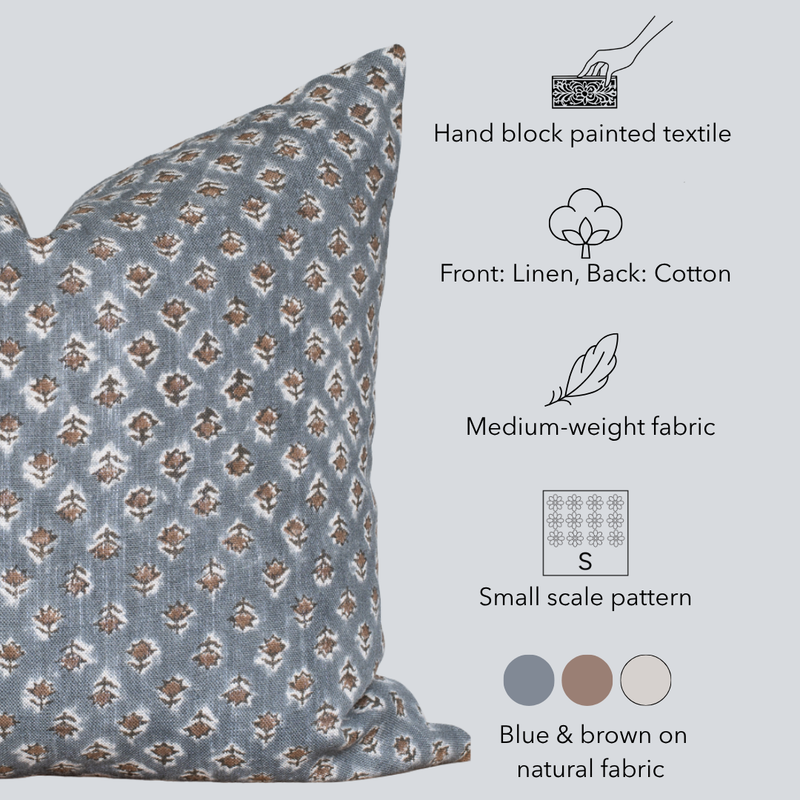 Aster Floral Block Printed Pillow Cover | Blue