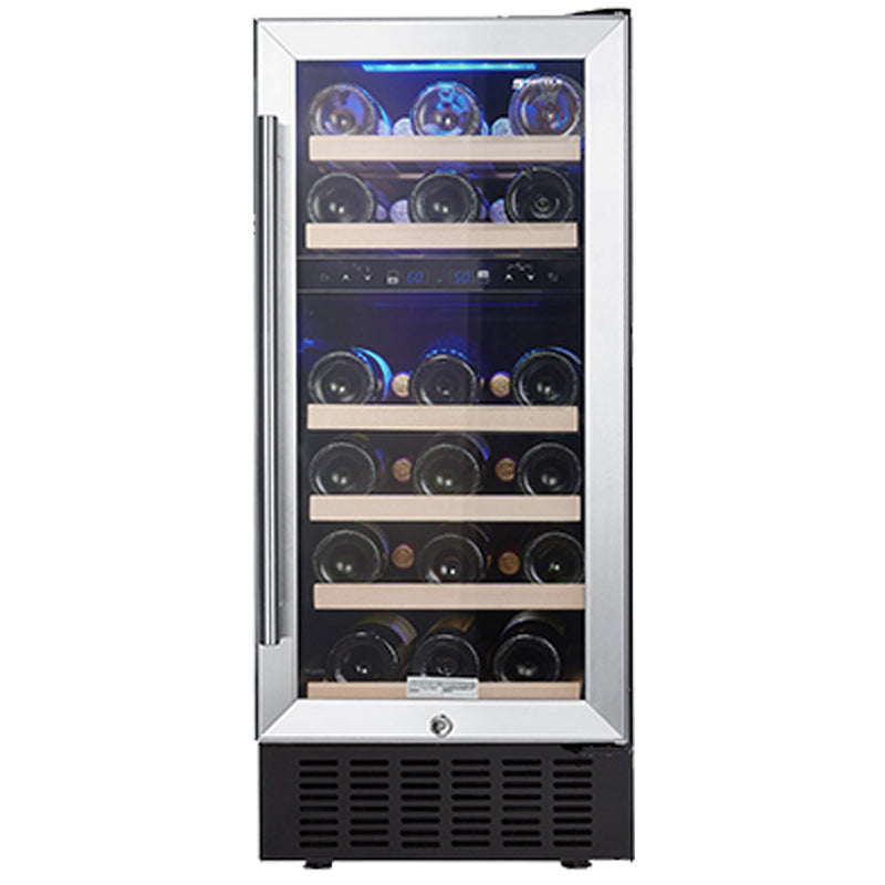 15 Inch Wine Cooler Refrigerators 28 Bottle Fast Cooling Low Noise Wine Fridge with Professional Compressor Stainless Steel, Digital Temperature Control Screen Built-in or Freestanding