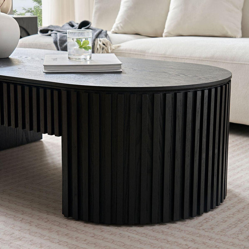 51.18'' Oval Wood Coffee Table With Drawer  Mid Century Modern Coffee Table Unique Coffee Table for Living Room Furniture, Tea Table BLACK