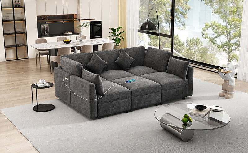 85.4' Sectional Sofa Modular Sofa U-shaped Sofa Couch Sofa Bed L-shaped Sofa with a Movable Ottoman and Two USB Ports for Living Room, Black