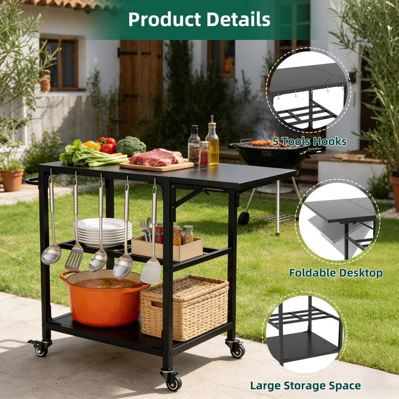 Outdoor Grill Table, Prep Cart With Wheels, Storage Shelf And Hooks - Black, photo 2 of 12