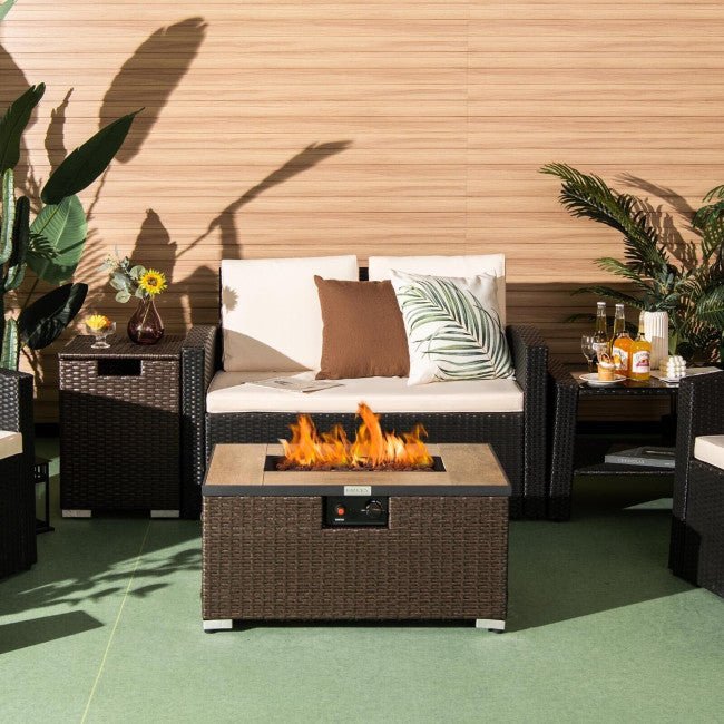 32" Propane Rattan Fire Pit Table Set W/ Side Table Tank & Cover (90165397)