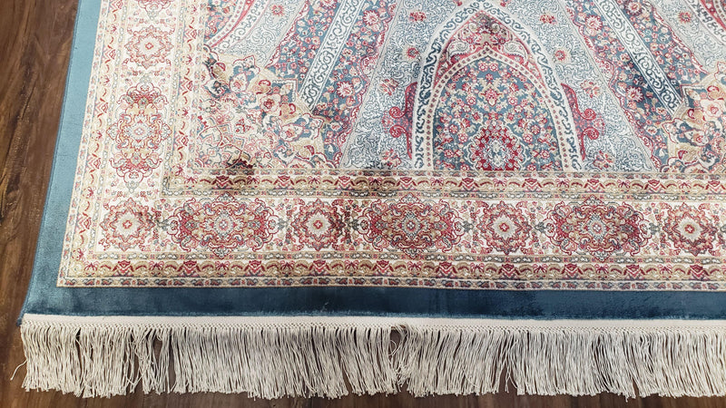 4x6 Silk Carpet, Light Blue & Beige Oriental Rug 4 x 6ft, Traditional Design Medallion All Over, Bamboo Silk, Super Fine, High Quality, Soft