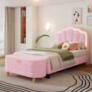 2-Pieces Bedroom Sets Twin Size Flower-Shaped Upholstered LED Platform Bed with Storage Ottoman-Sherpa Fabric, Pink