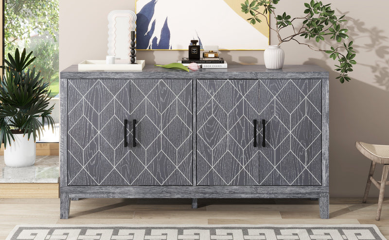 4-door Retro Sideboard with Adjustable Shelves, Two Large Cabinet with Long Handle, for Living Room and Dining Room (Light Gray)